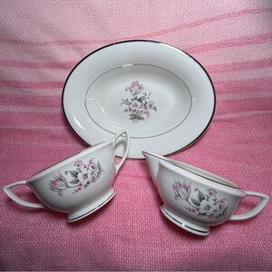 Vintage Embassy USA Vitrified China Pink Floral Serving Bowl Creamer Sugar Set